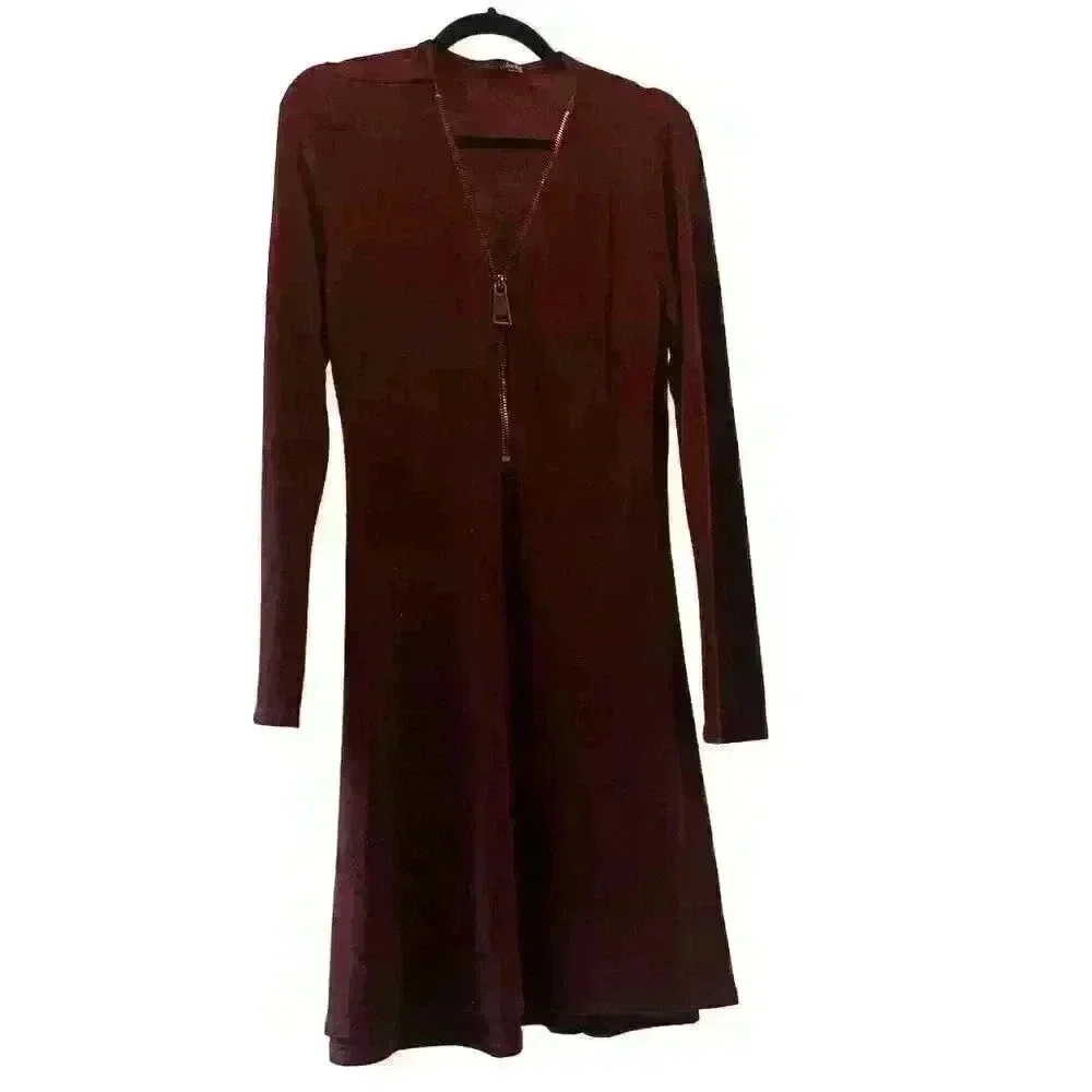 Ariella Women's S Burgundy Long Sleeve Zip-Up A-Line Knee Length Dress